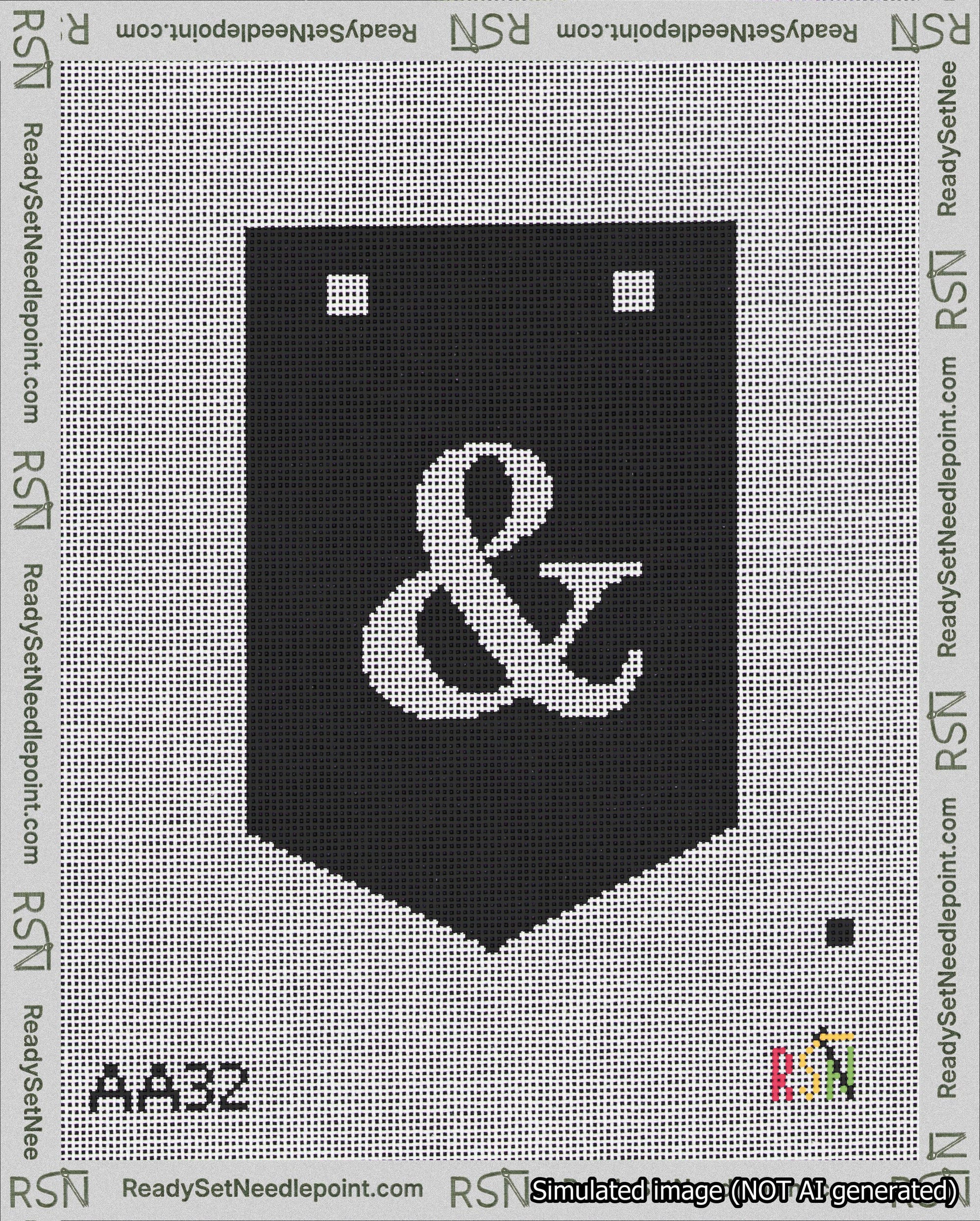 A taped needlepoint canvas with the design: Banner 18 mesh count Pointed Ampersand White on Black.
