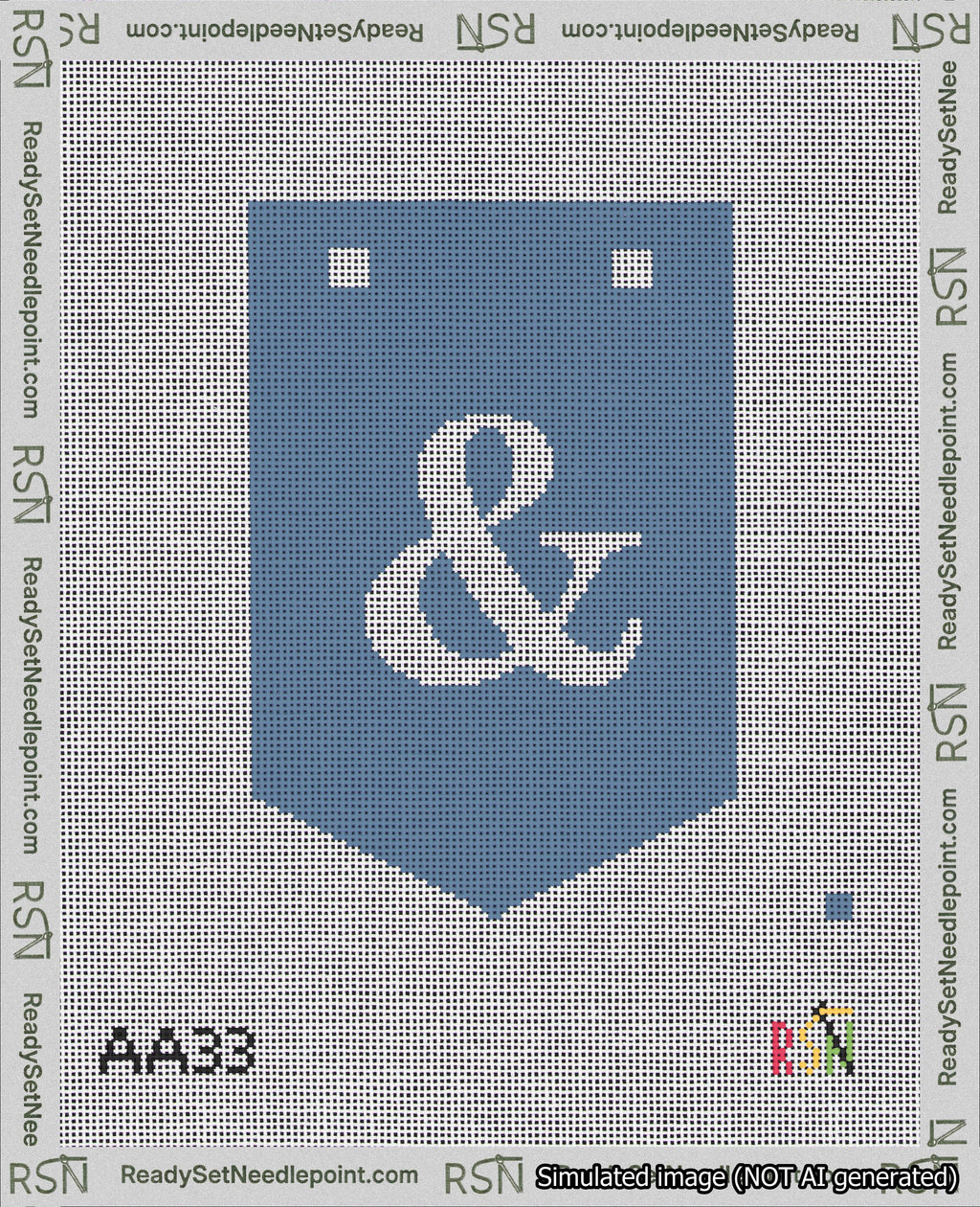 A taped needlepoint canvas with the design: Banner 18 mesh count Pointed Ampersand White on Blue.