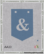 A taped needlepoint canvas with the design: Banner 18 mesh count Pointed Ampersand White on Blue.