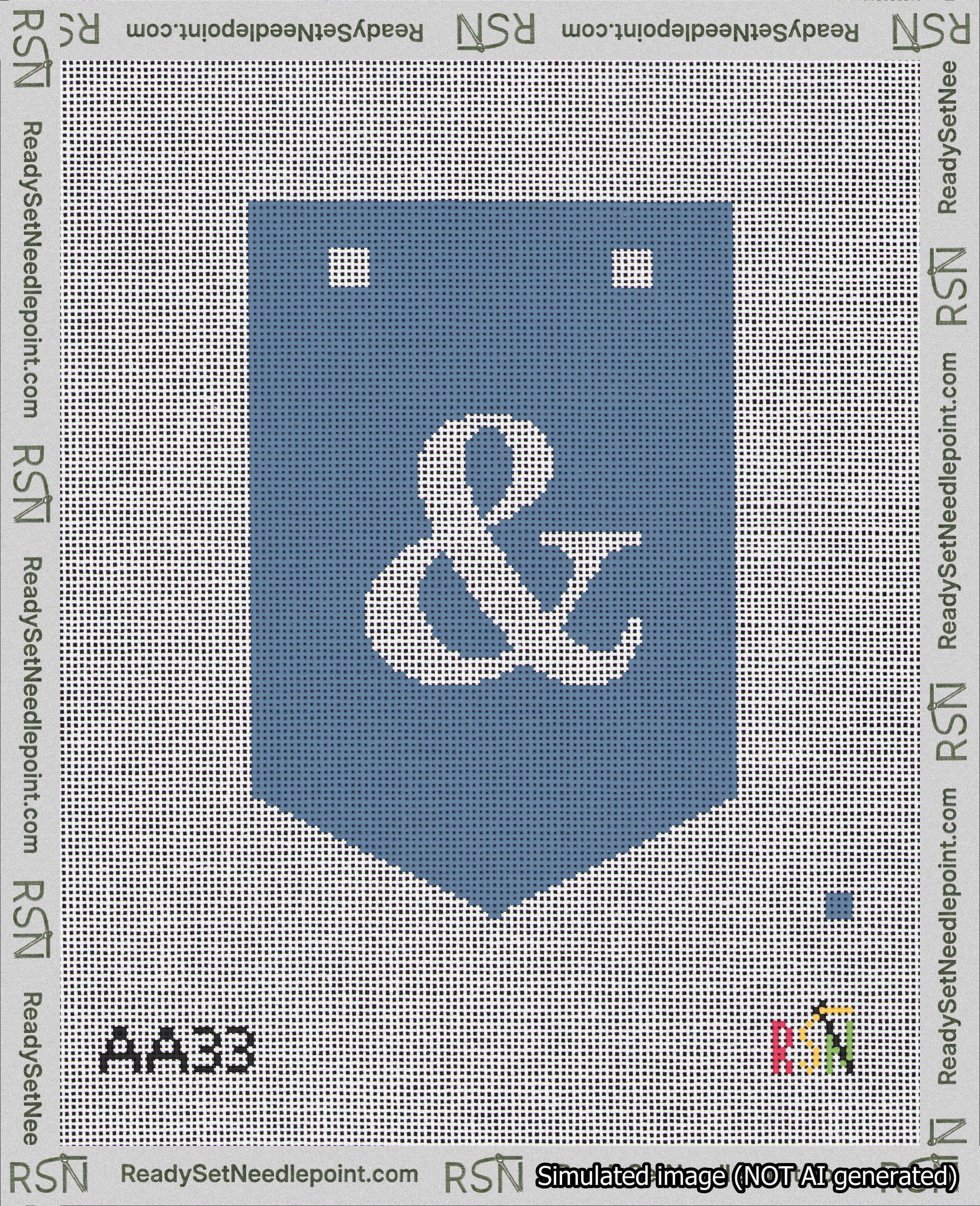 A taped needlepoint canvas with the design: Banner 18 mesh count Pointed Ampersand White on Blue.