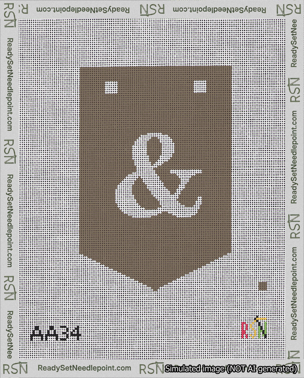 A taped needlepoint canvas with the design: Banner 18 mesh count Pointed Ampersand White on Brown.