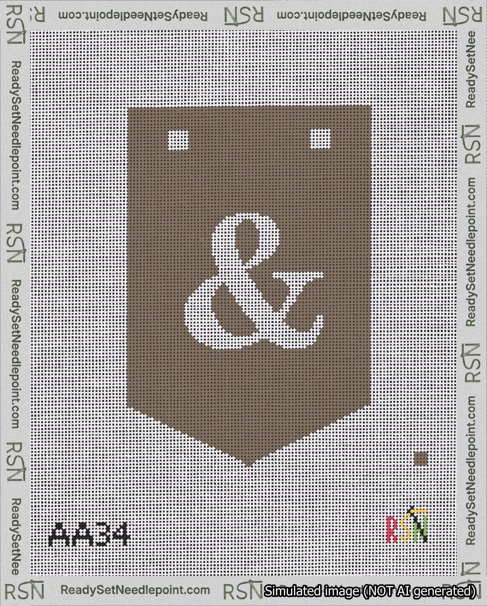 A taped needlepoint canvas with the design: Banner 18 mesh count Pointed Ampersand White on Brown.