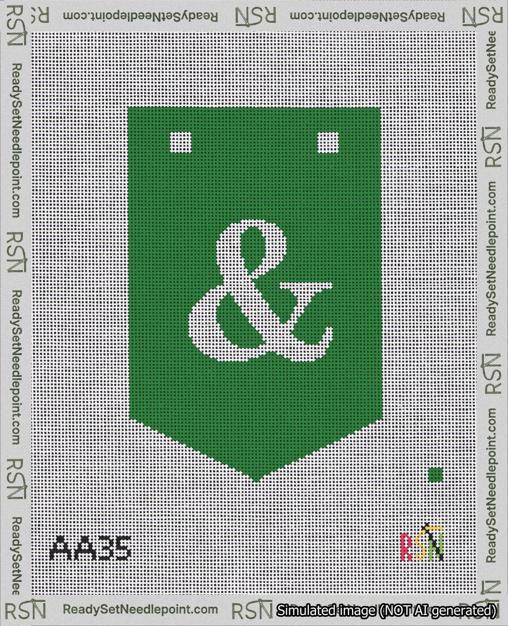 A taped needlepoint canvas with the design: Banner 18 mesh count Pointed Ampersand White on Green.