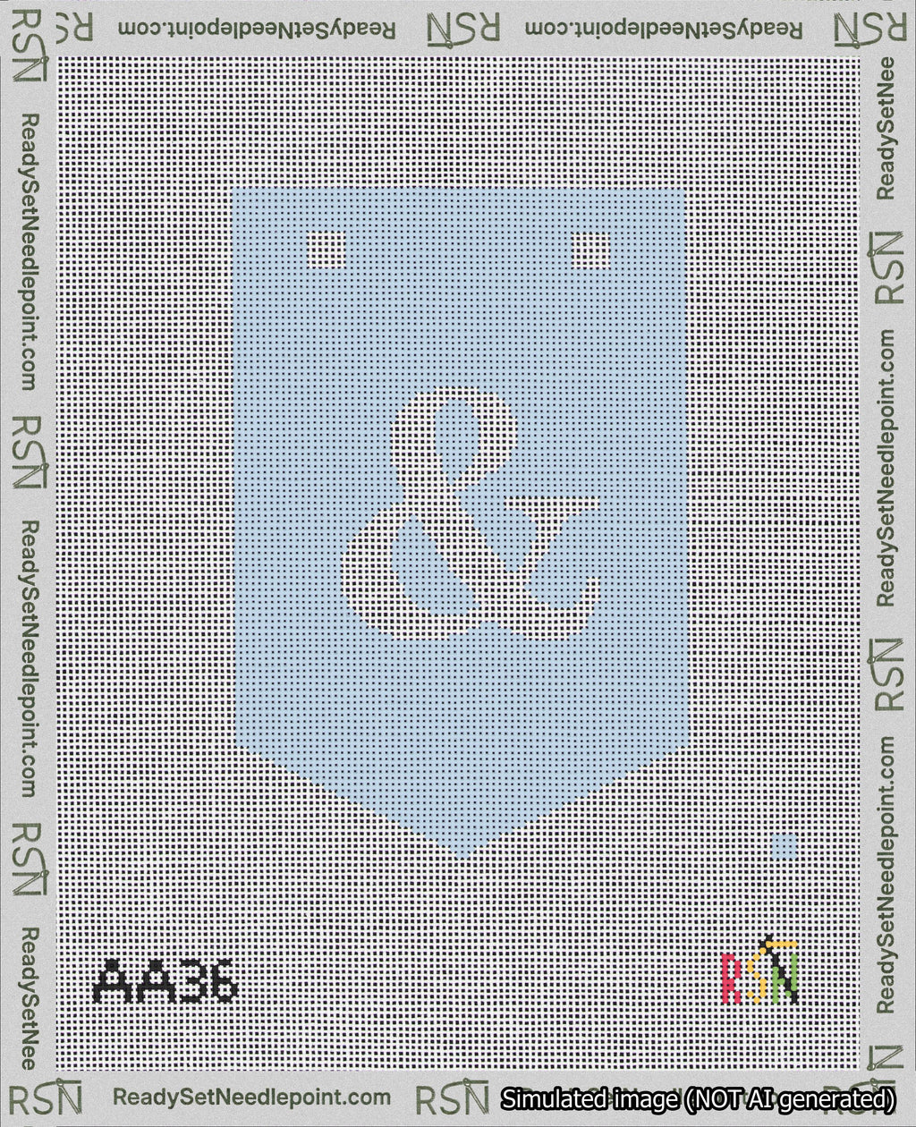 A taped needlepoint canvas with the design: Banner 18 mesh count Pointed Ampersand White on Light Blue.