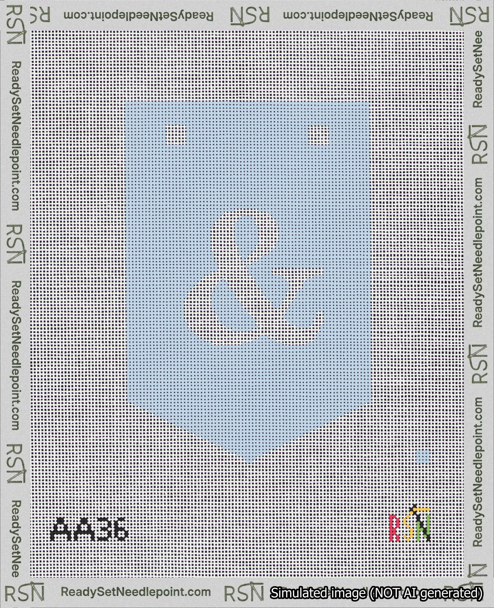 A taped needlepoint canvas with the design: Banner 18 mesh count Pointed Ampersand White on Light Blue.