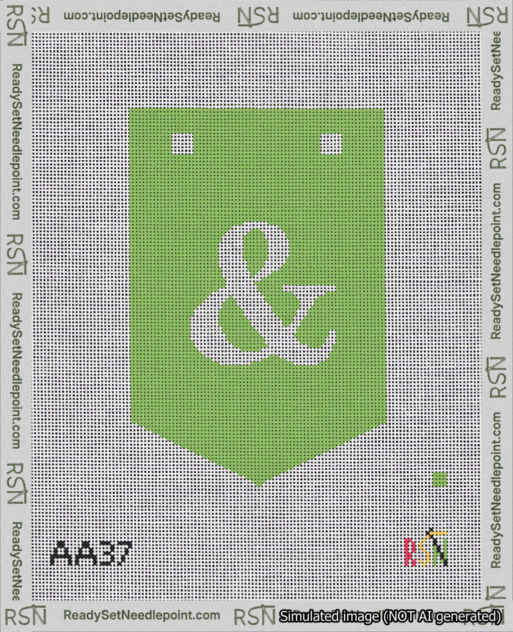 A taped needlepoint canvas with the design: Banner 18 mesh count Pointed Ampersand White on Light Green.