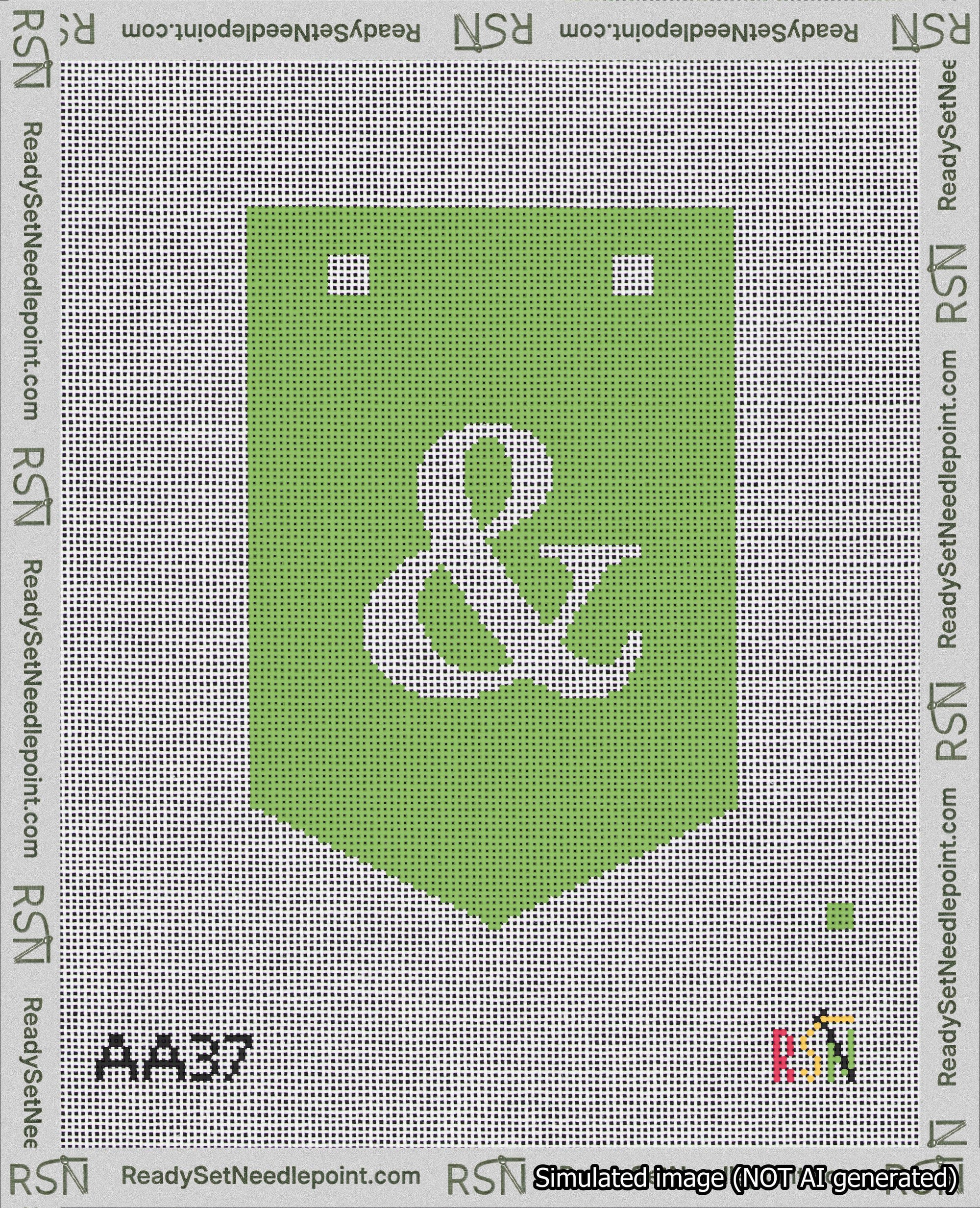 A taped needlepoint canvas with the design: Banner 18 mesh count Pointed Ampersand White on Light Green.