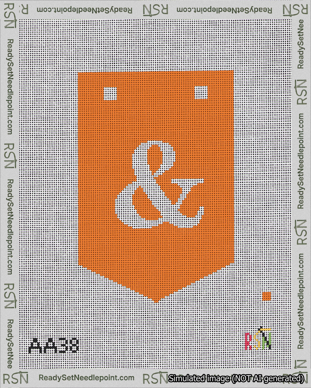 A taped needlepoint canvas with the design: Banner 18 mesh count Pointed Ampersand White on Orange.