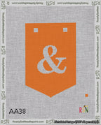 A taped needlepoint canvas with the design: Banner 18 mesh count Pointed Ampersand White on Orange.