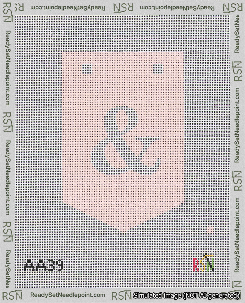 A taped needlepoint canvas with the design: Banner 18 mesh count Pointed Ampersand White on Pink.