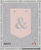 A taped needlepoint canvas with the design: Banner 18 mesh count Pointed Ampersand White on Pink.