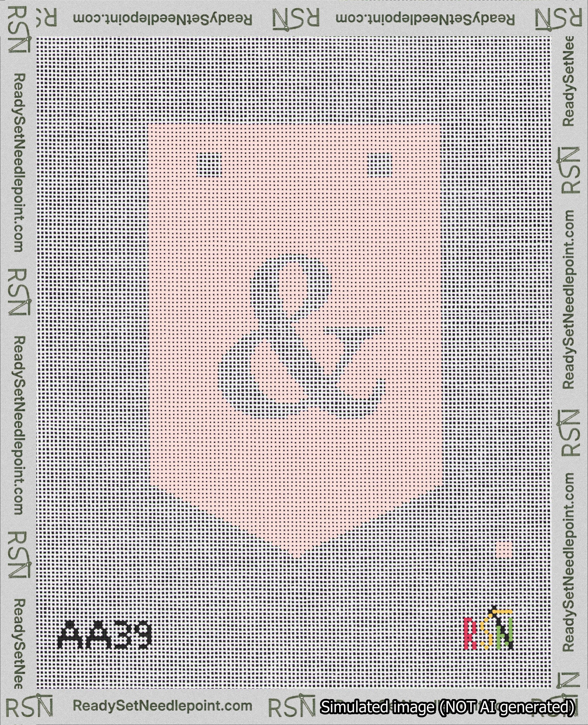 A taped needlepoint canvas with the design: Banner 18 mesh count Pointed Ampersand White on Pink.