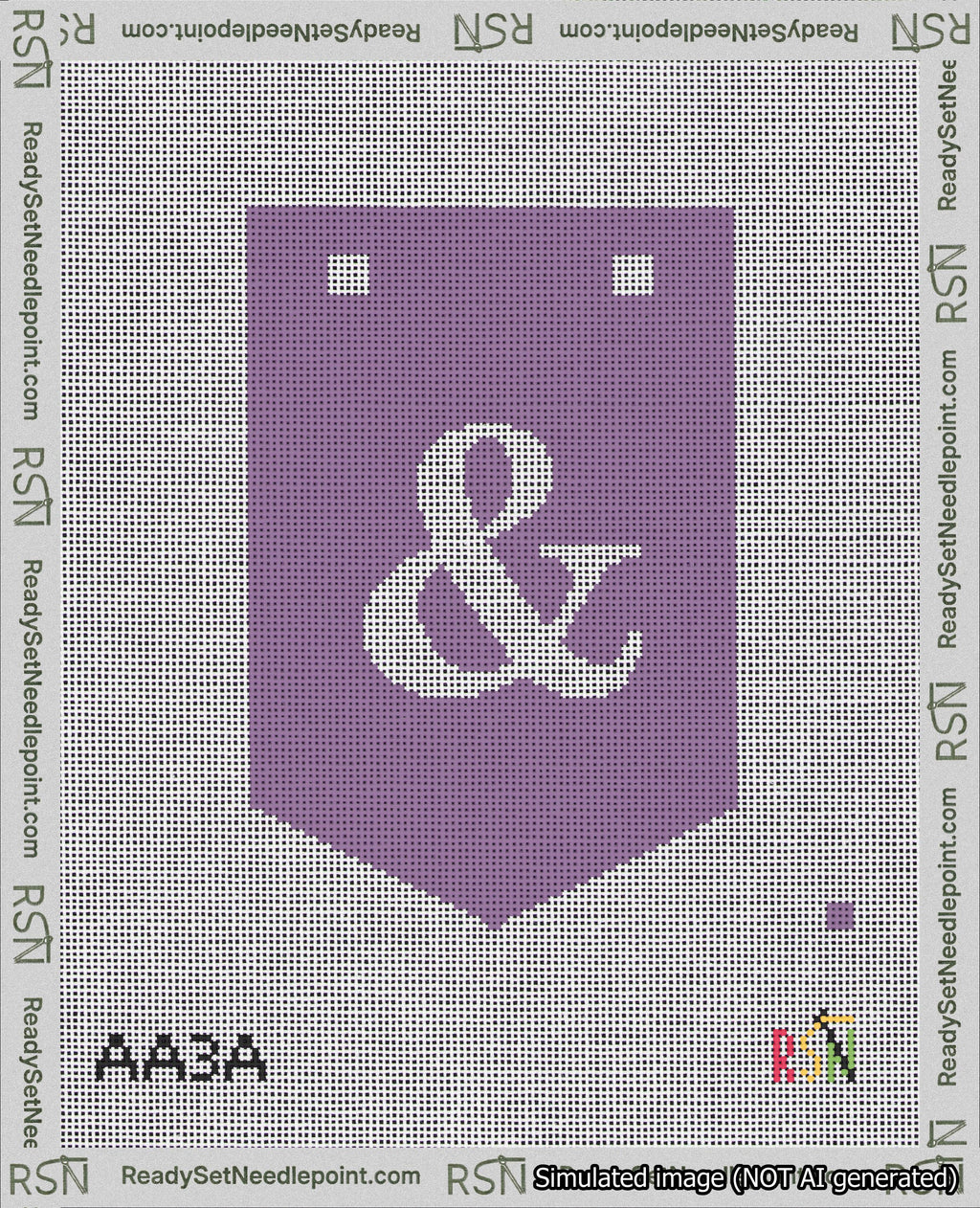 A taped needlepoint canvas with the design: Banner 18 mesh count Pointed Ampersand White on Purple.