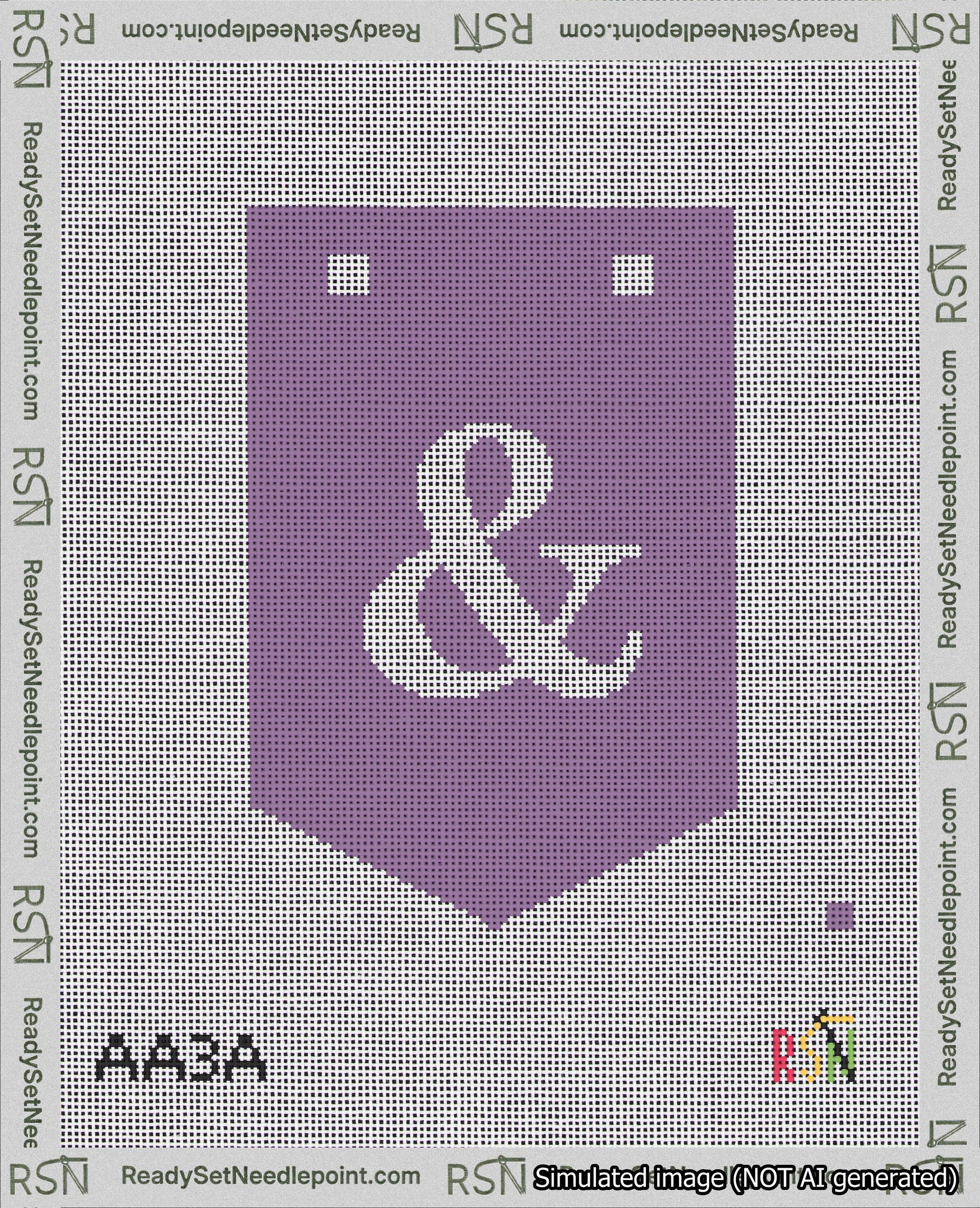 A taped needlepoint canvas with the design: Banner 18 mesh count Pointed Ampersand White on Purple.