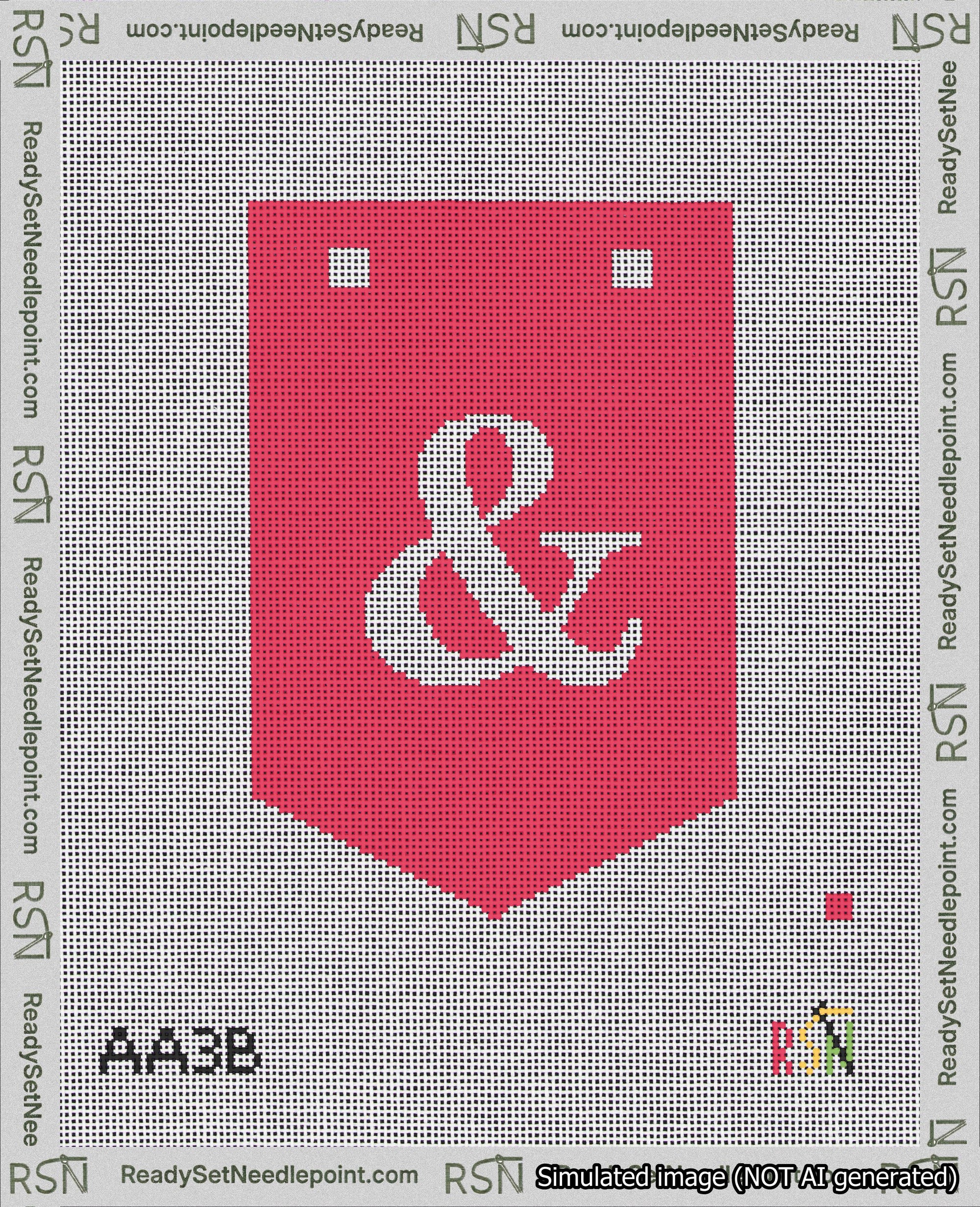 A taped needlepoint canvas with the design: Banner 18 mesh count Pointed Ampersand White on Red.