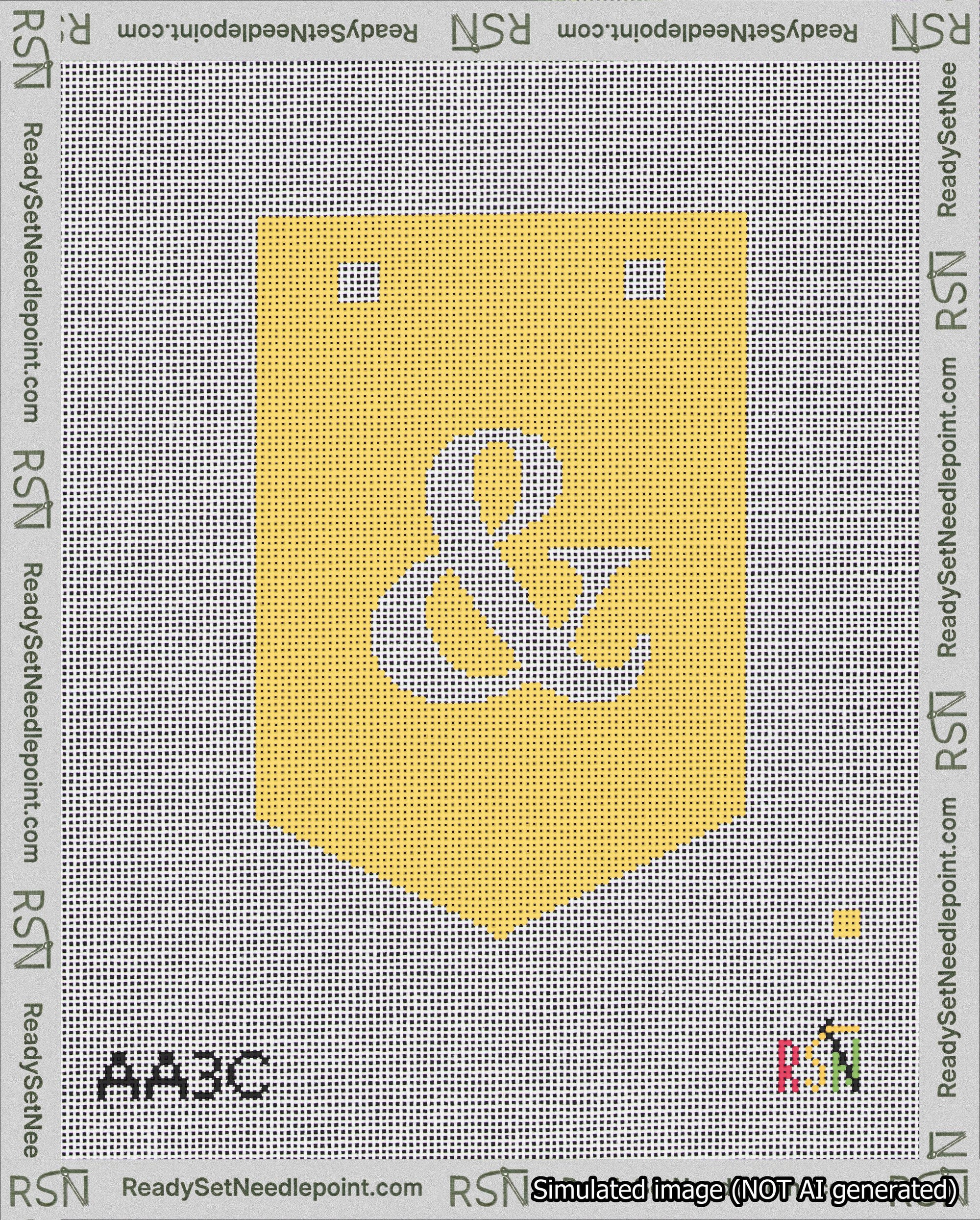A taped needlepoint canvas with the design: Banner 18 mesh count Pointed Ampersand White on Yellow.