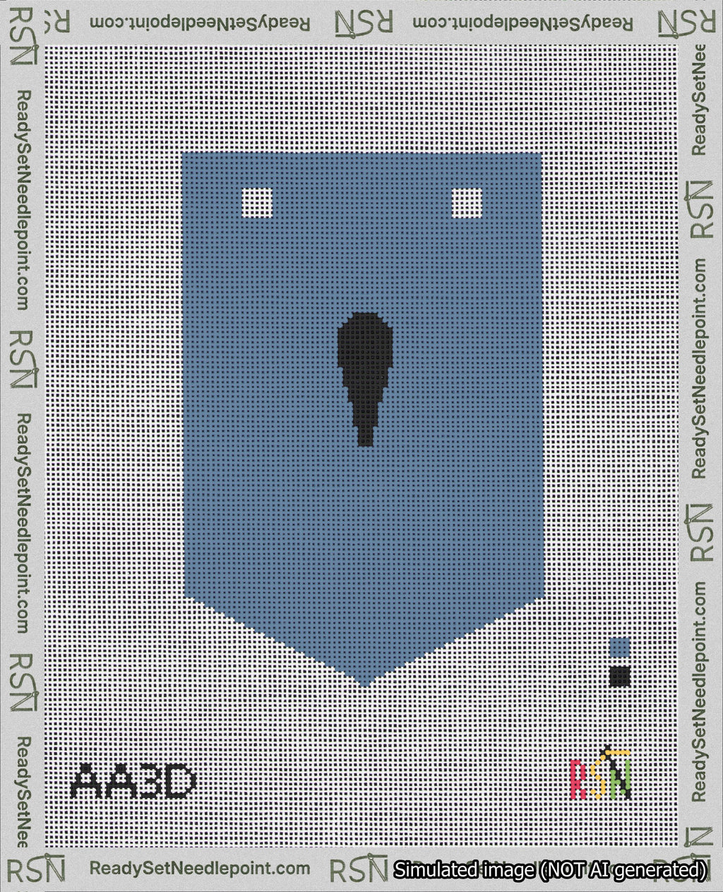 A taped needlepoint canvas with the design: Banner 18 mesh count Pointed Apostrophe Black on Blue.