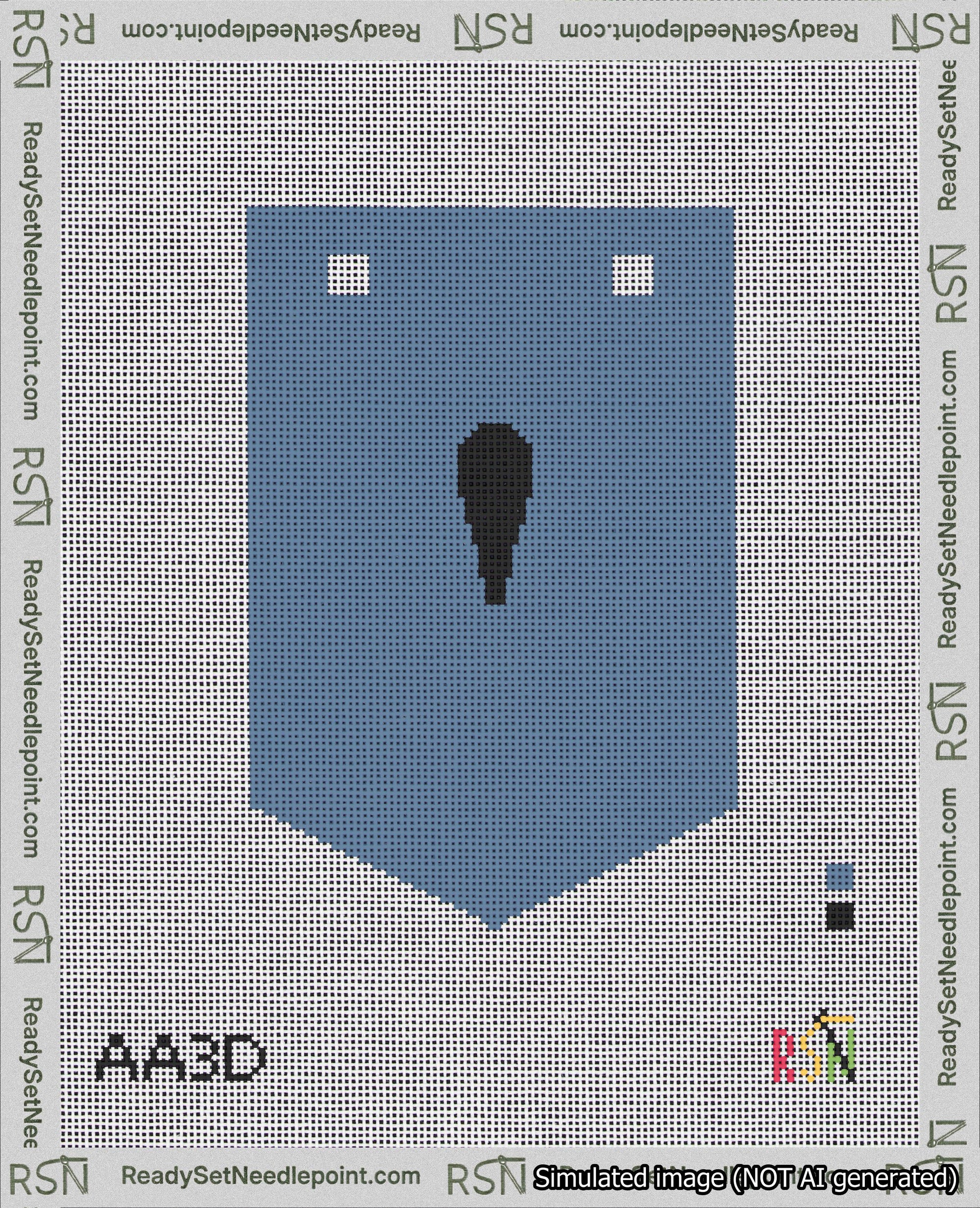 A taped needlepoint canvas with the design: Banner 18 mesh count Pointed Apostrophe Black on Blue.