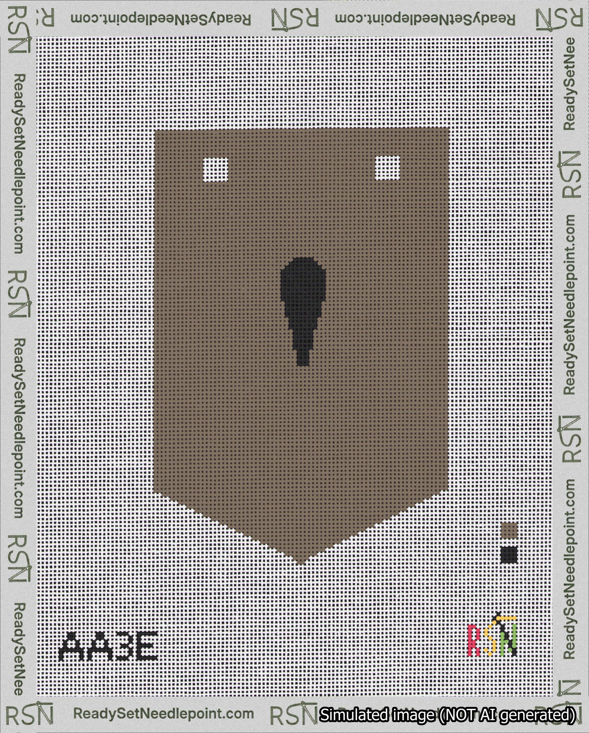A taped needlepoint canvas with the design: Banner 18 mesh count Pointed Apostrophe Black on Brown.