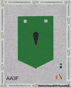 A taped needlepoint canvas with the design: Banner 18 mesh count Pointed Apostrophe Black on Green.