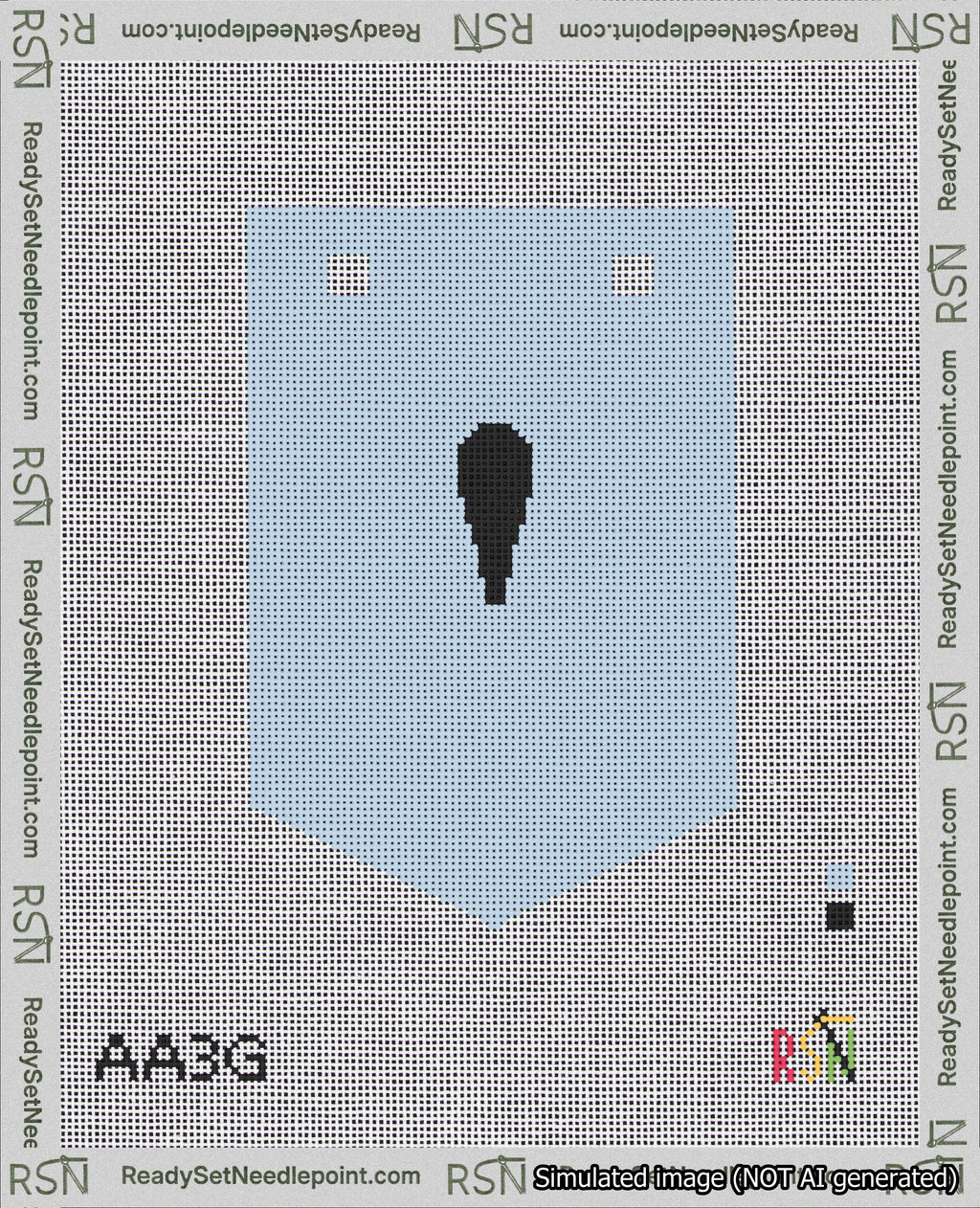 A taped needlepoint canvas with the design: Banner 18 mesh count Pointed Apostrophe Black on Light Blue.