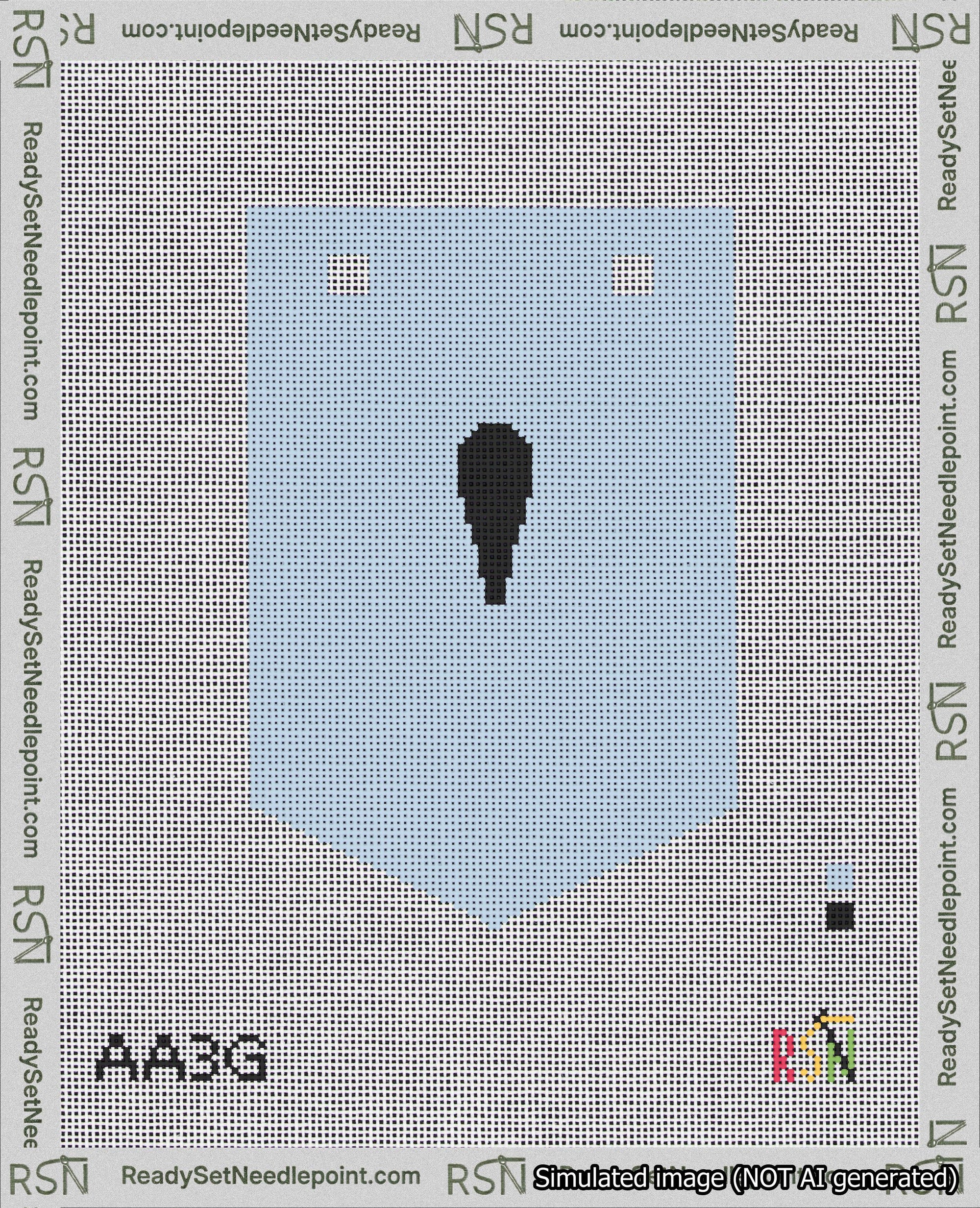 A taped needlepoint canvas with the design: Banner 18 mesh count Pointed Apostrophe Black on Light Blue.