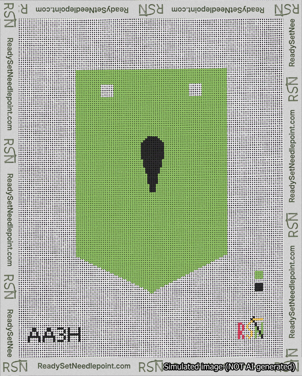 A taped needlepoint canvas with the design: Banner 18 mesh count Pointed Apostrophe Black on Light Green.