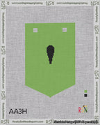 A taped needlepoint canvas with the design: Banner 18 mesh count Pointed Apostrophe Black on Light Green.