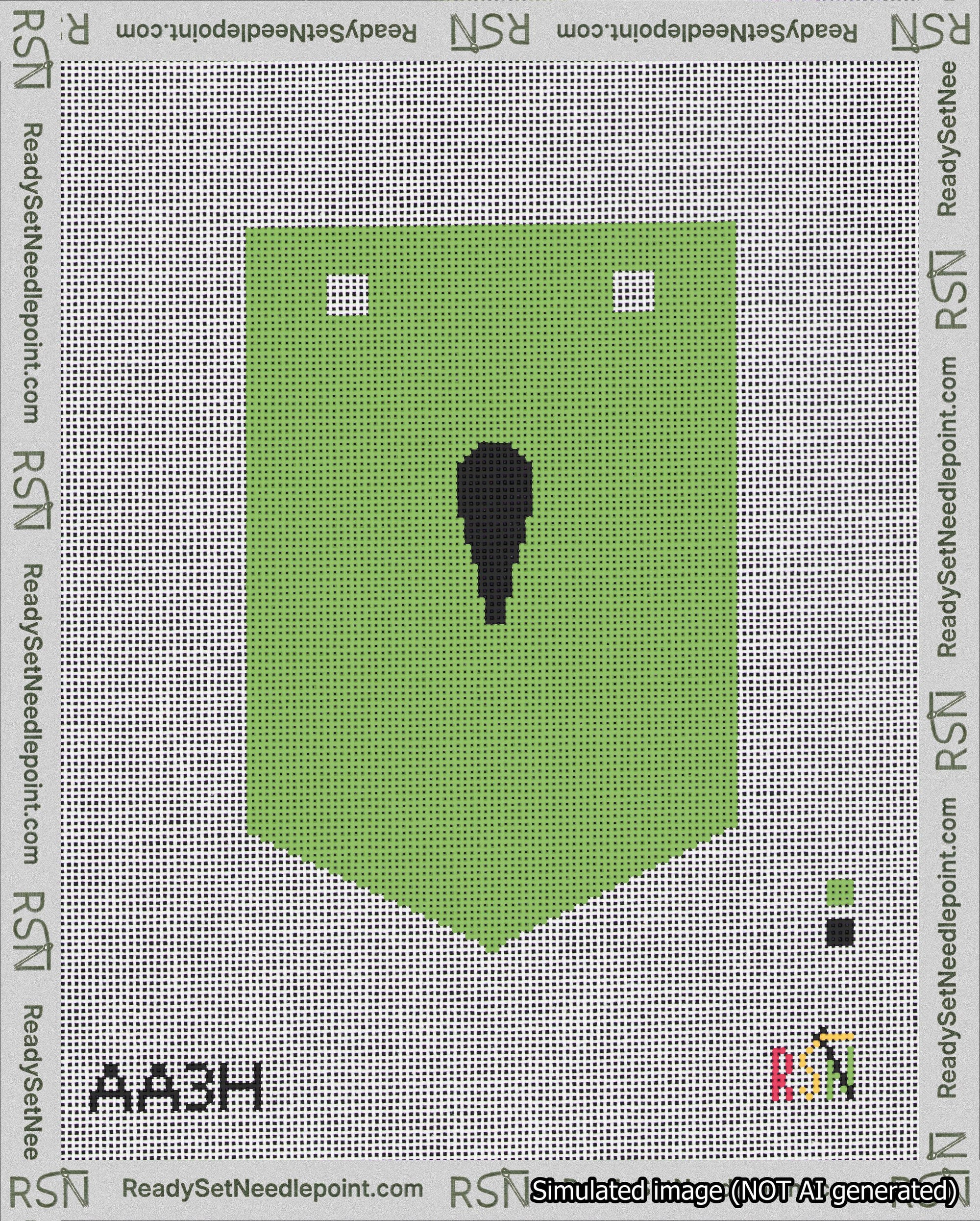 A taped needlepoint canvas with the design: Banner 18 mesh count Pointed Apostrophe Black on Light Green.