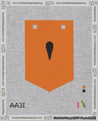 A taped needlepoint canvas with the design: Banner 18 mesh count Pointed Apostrophe Black on Orange.