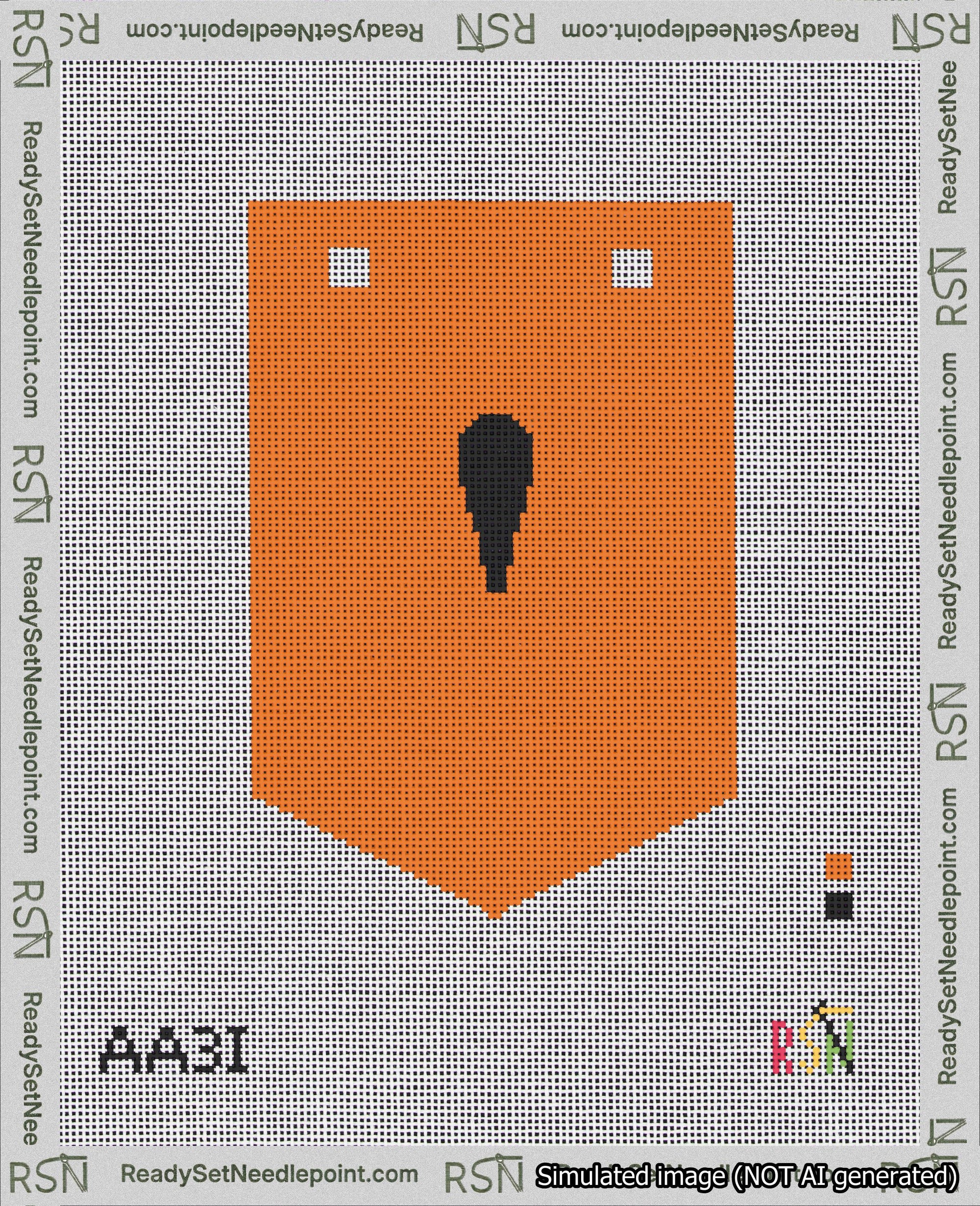 A taped needlepoint canvas with the design: Banner 18 mesh count Pointed Apostrophe Black on Orange.