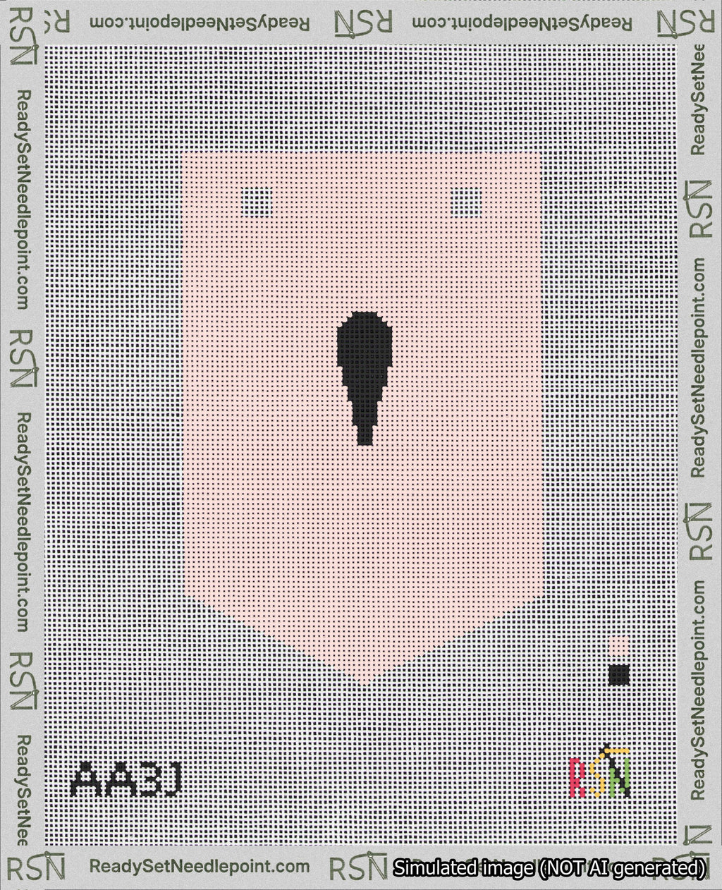 A taped needlepoint canvas with the design: Banner 18 mesh count Pointed Apostrophe Black on Pink.