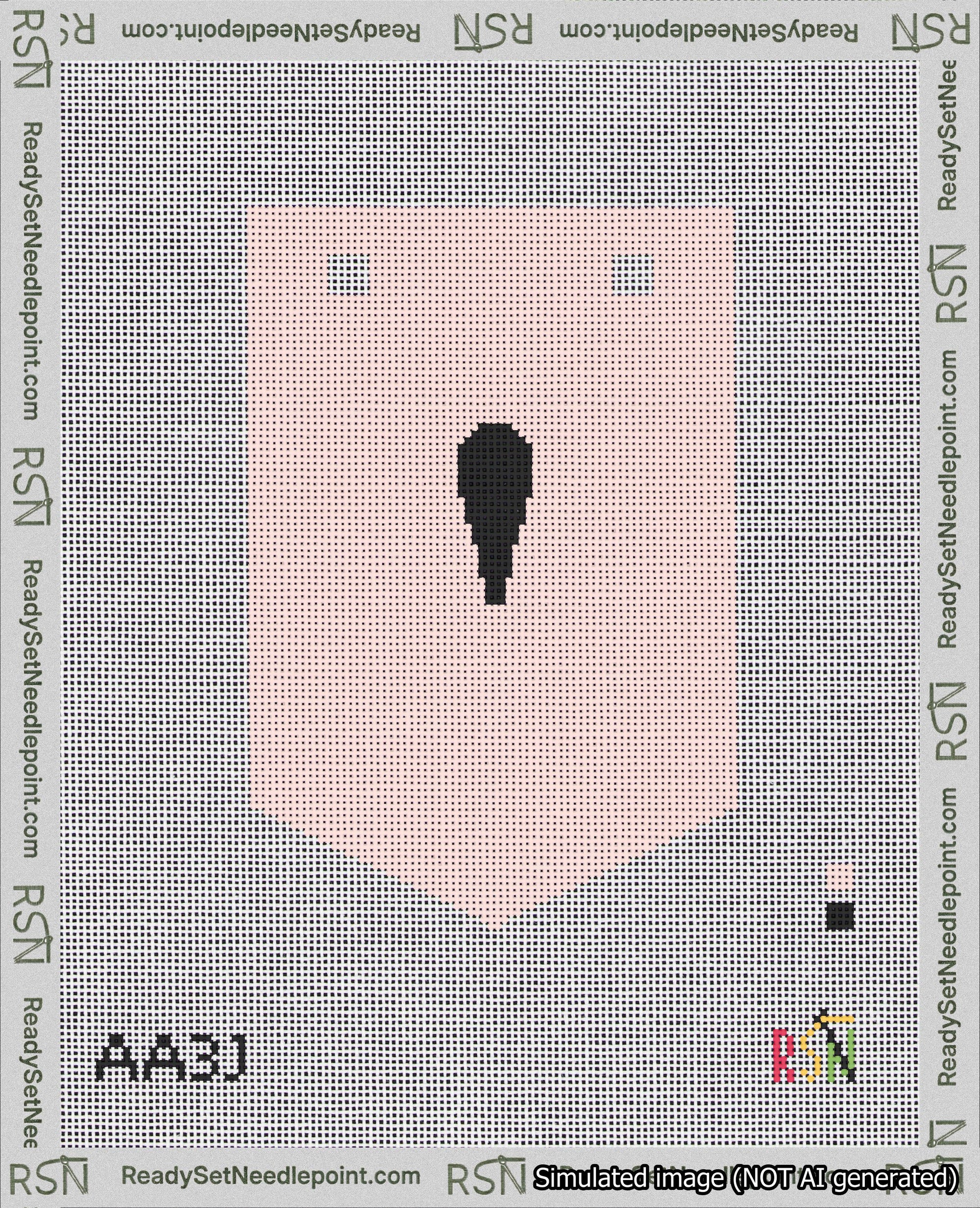 A taped needlepoint canvas with the design: Banner 18 mesh count Pointed Apostrophe Black on Pink.