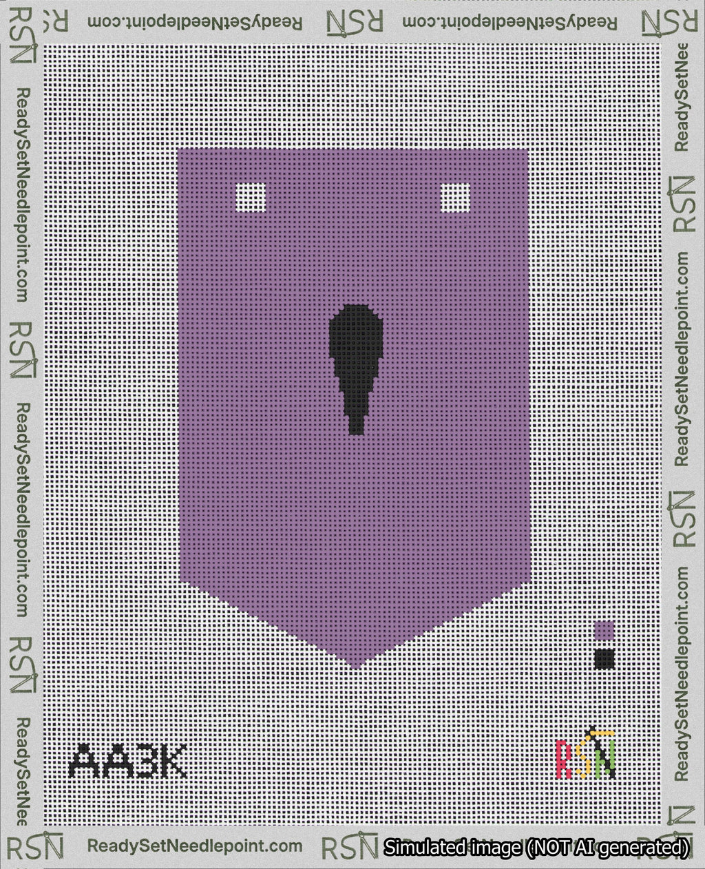 A taped needlepoint canvas with the design: Banner 18 mesh count Pointed Apostrophe Black on Purple.