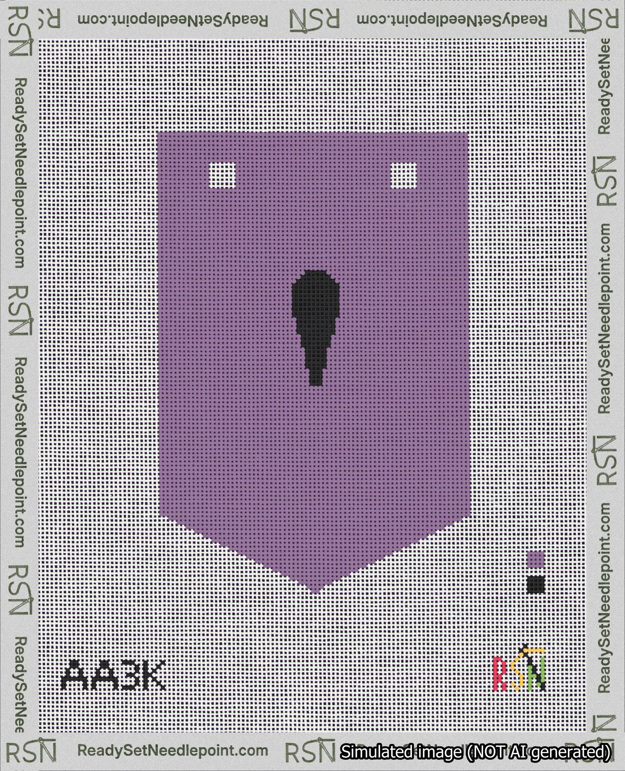 A taped needlepoint canvas with the design: Banner 18 mesh count Pointed Apostrophe Black on Purple.