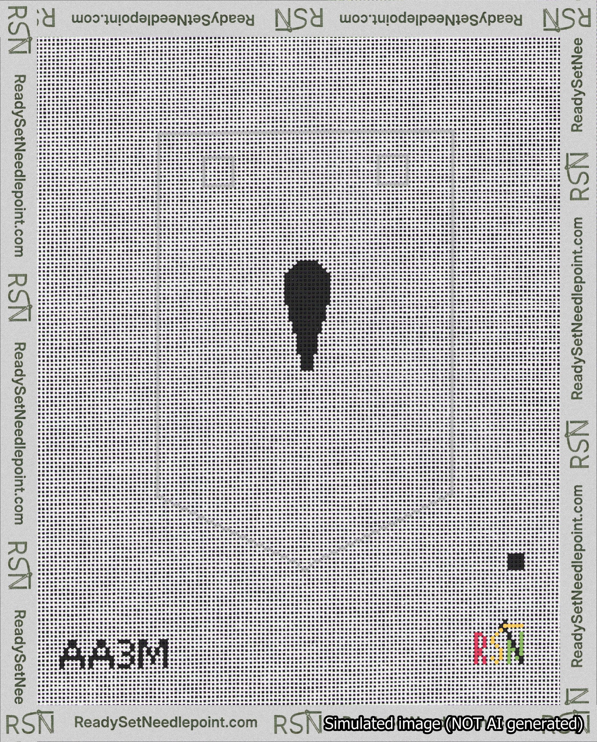 A taped needlepoint canvas with the design: Banner 18 mesh count Pointed Apostrophe Black on White.