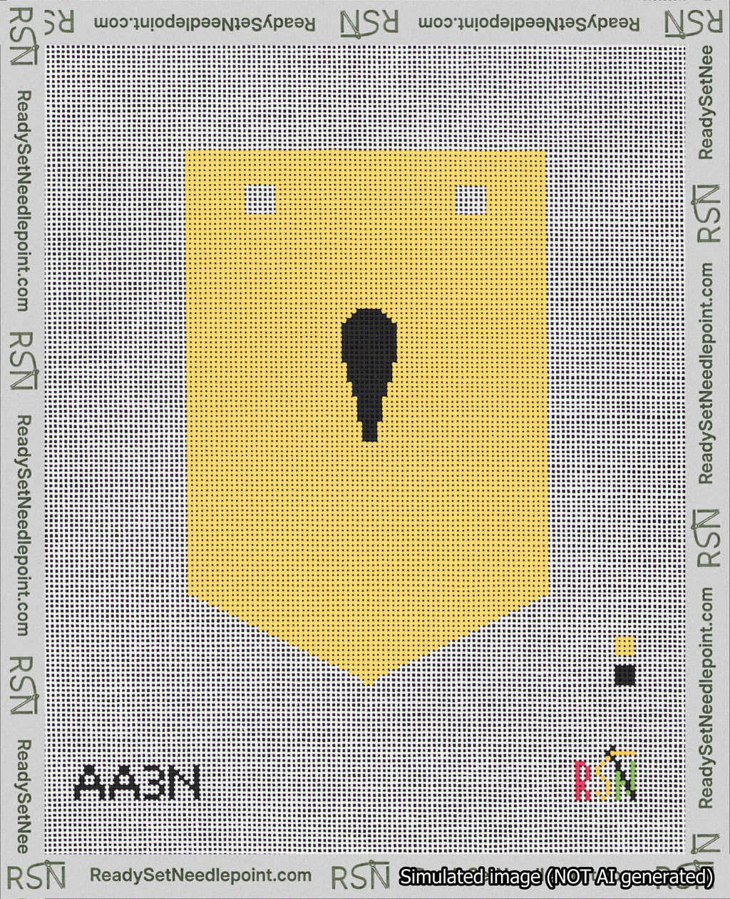A taped needlepoint canvas with the design: Banner 18 mesh count Pointed Apostrophe Black on Yellow.