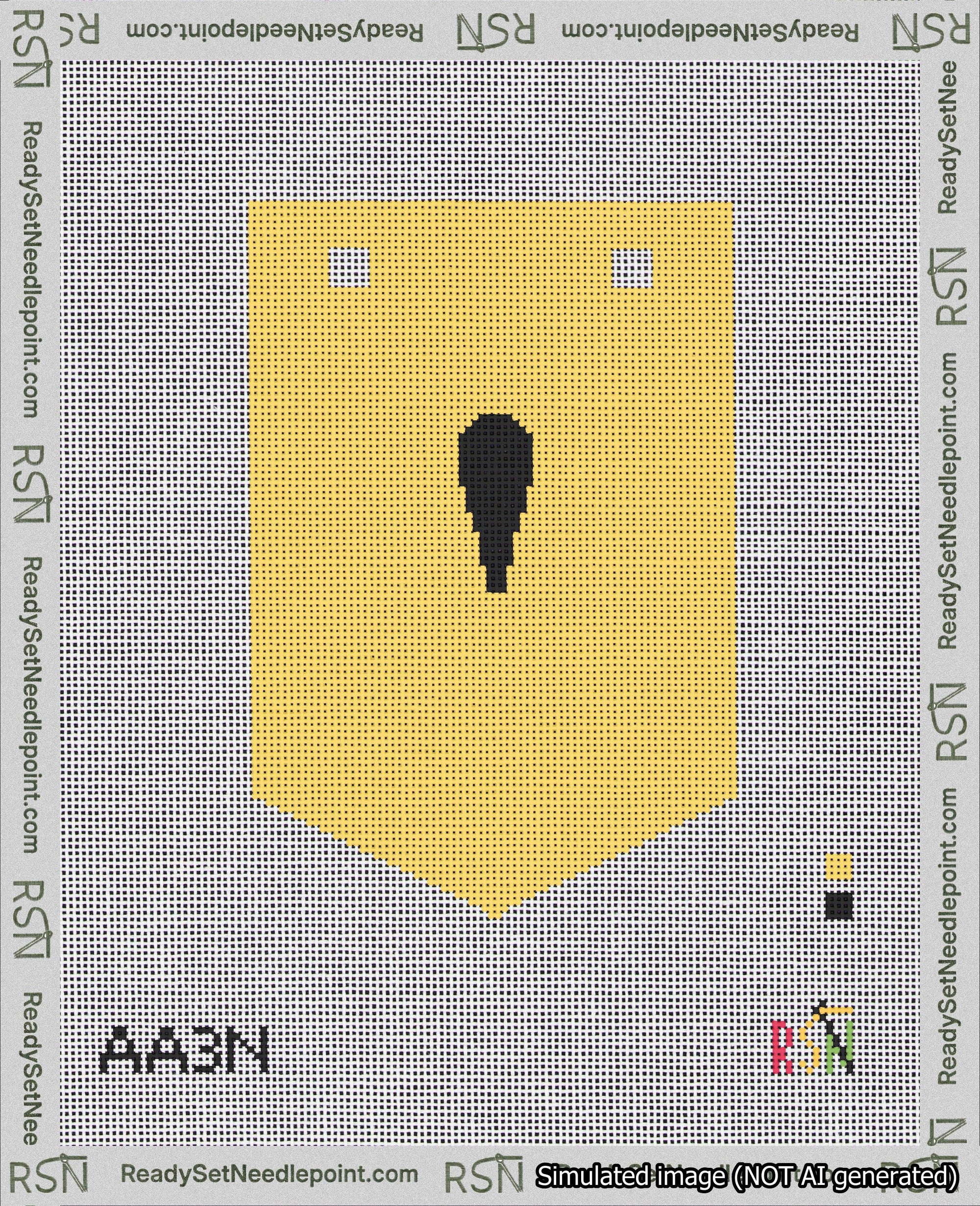A taped needlepoint canvas with the design: Banner 18 mesh count Pointed Apostrophe Black on Yellow.