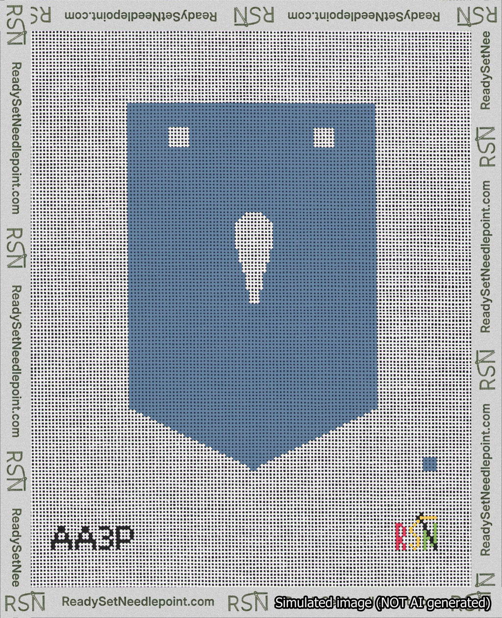 A taped needlepoint canvas with the design: Banner 18 mesh count Pointed Apostrophe White on Blue.