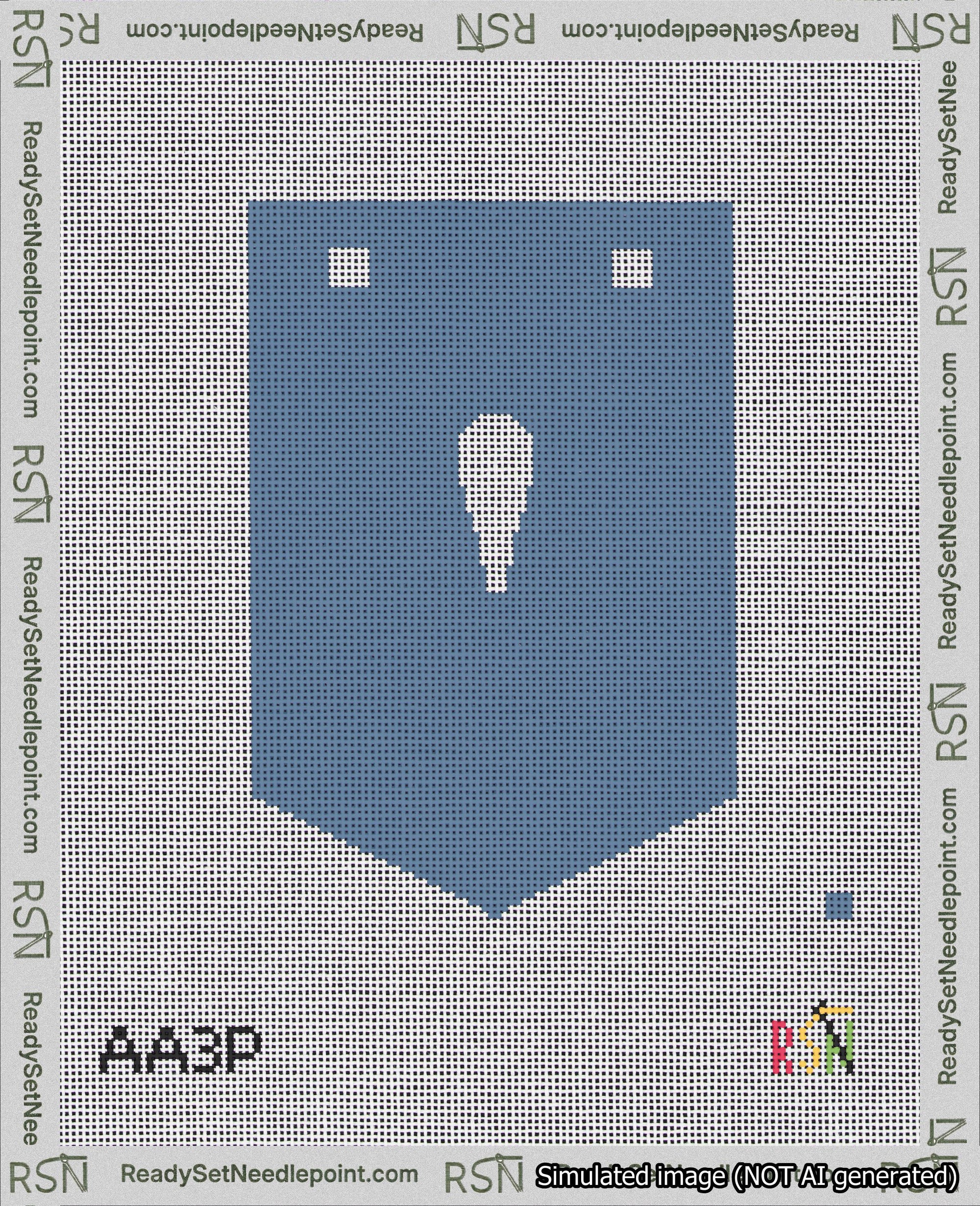 A taped needlepoint canvas with the design: Banner 18 mesh count Pointed Apostrophe White on Blue.
