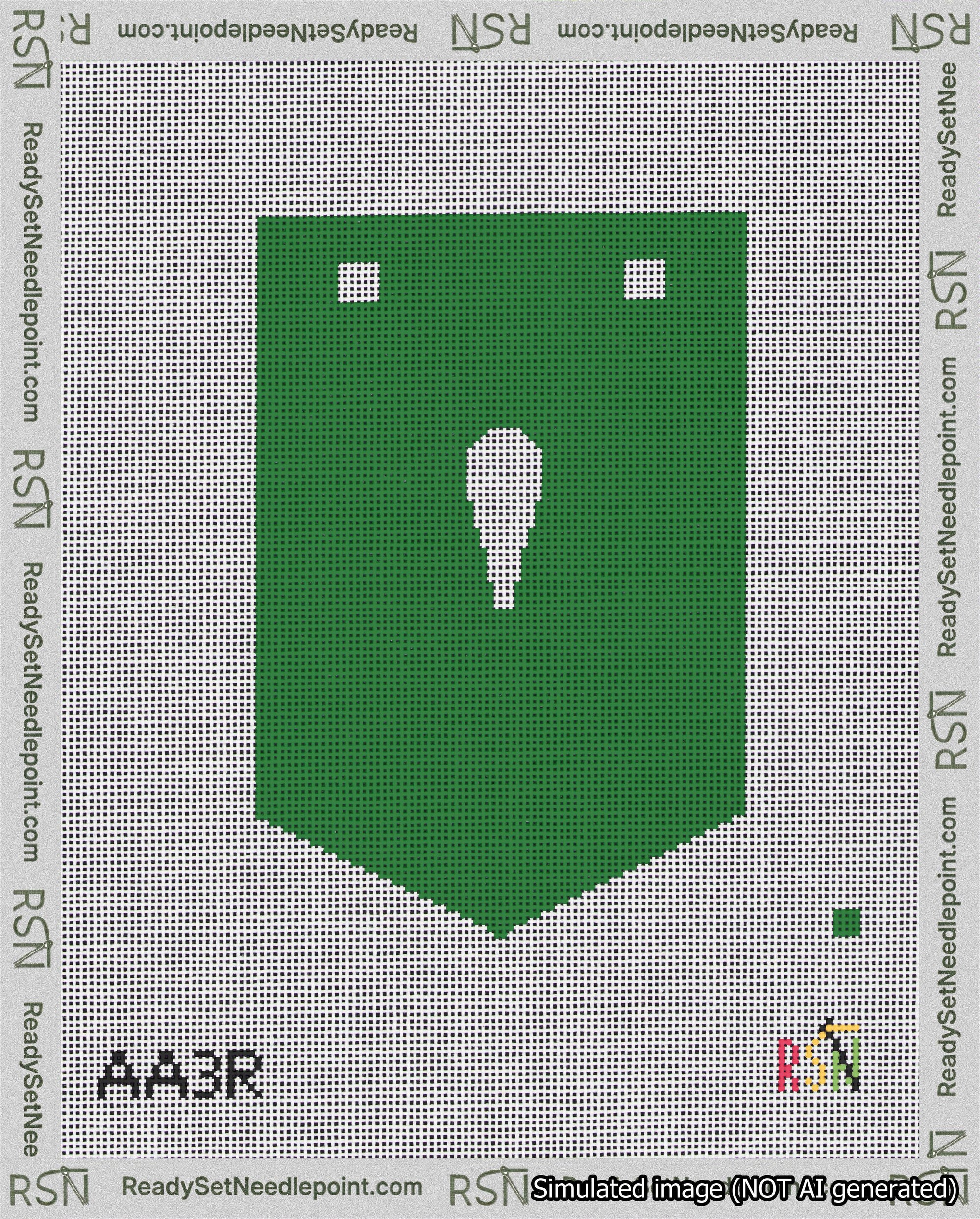 A taped needlepoint canvas with the design: Banner 18 mesh count Pointed Apostrophe White on Green.