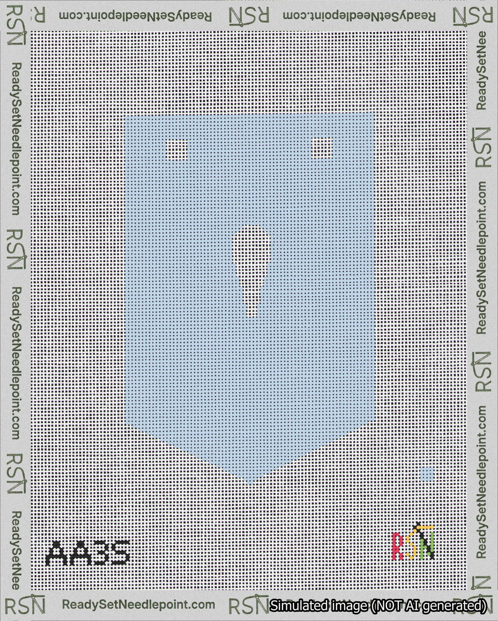 A taped needlepoint canvas with the design: Banner 18 mesh count Pointed Apostrophe White on Light Blue.