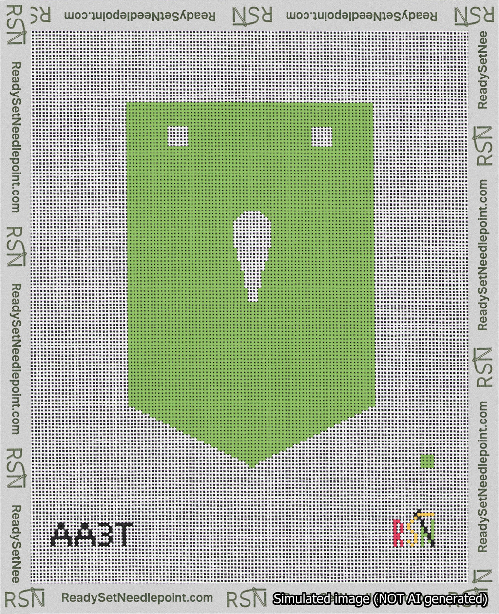 A taped needlepoint canvas with the design: Banner 18 mesh count Pointed Apostrophe White on Light Green.