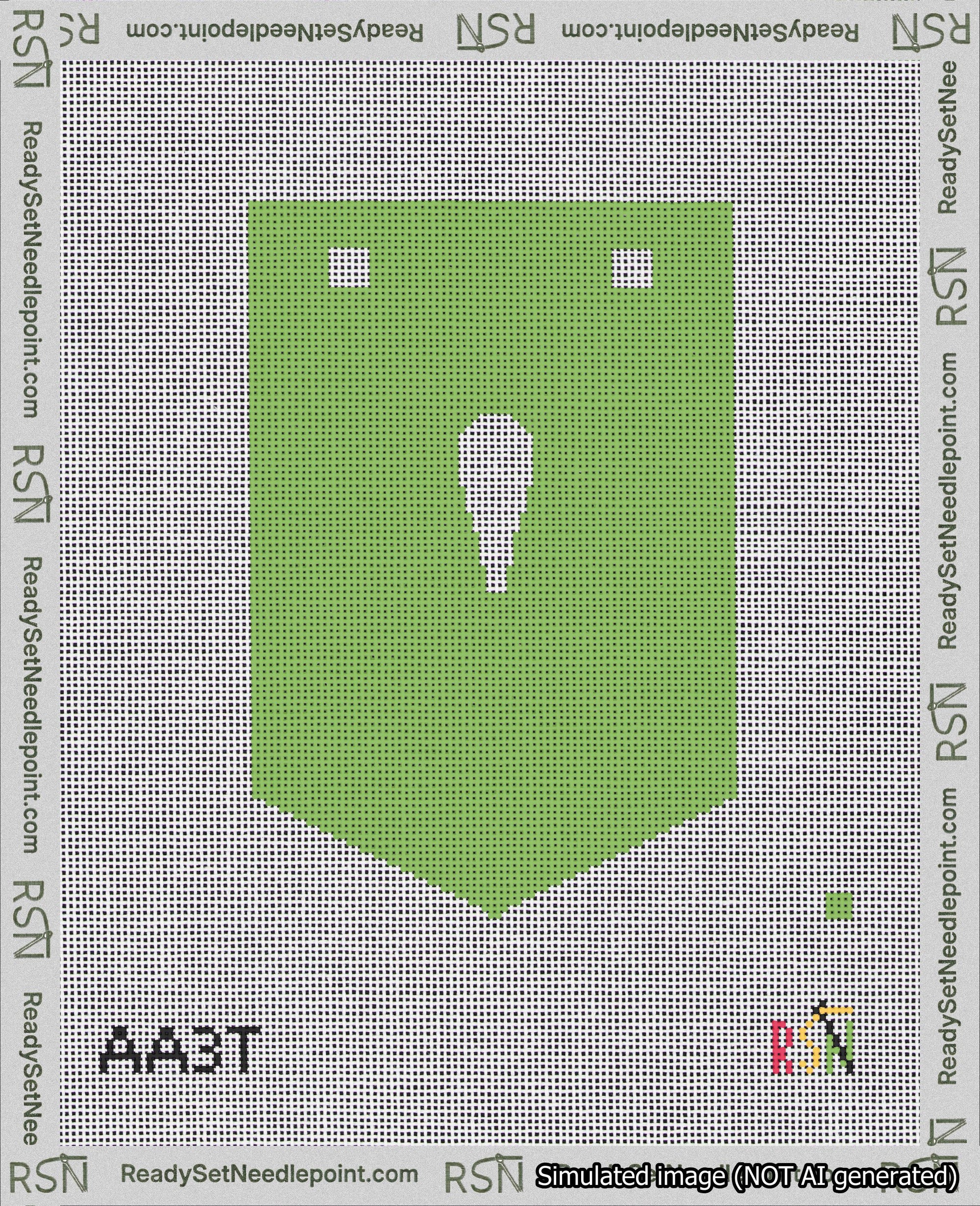 A taped needlepoint canvas with the design: Banner 18 mesh count Pointed Apostrophe White on Light Green.