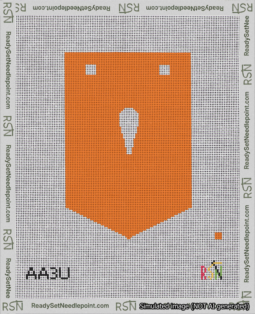 A taped needlepoint canvas with the design: Banner 18 mesh count Pointed Apostrophe White on Orange.