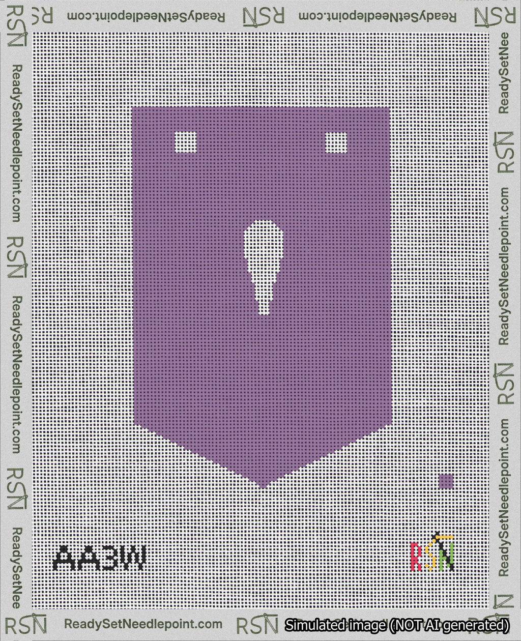 A taped needlepoint canvas with the design: Banner 18 mesh count Pointed Apostrophe White on Purple.