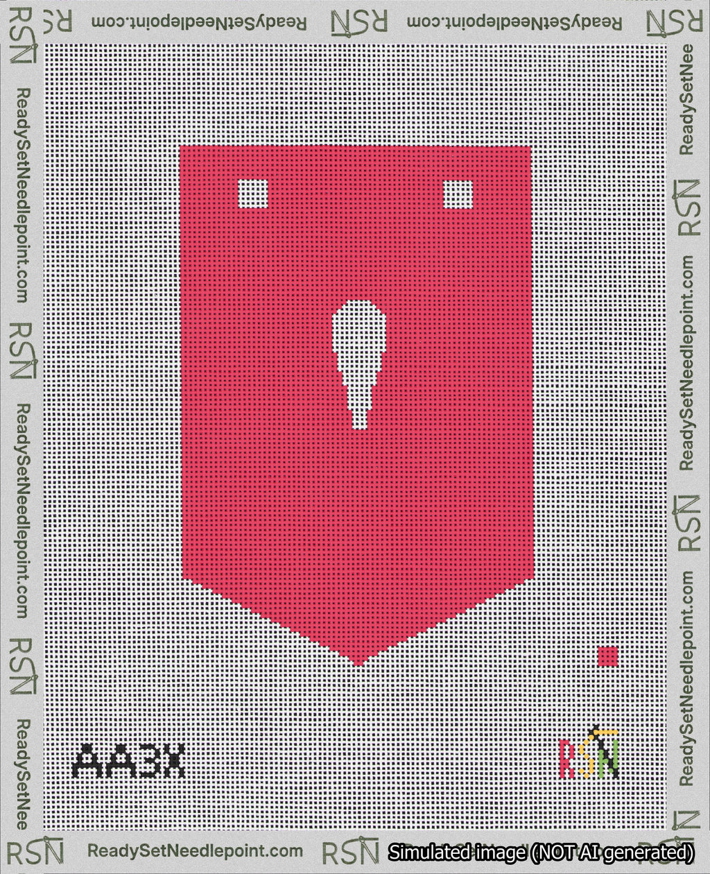 A taped needlepoint canvas with the design: Banner 18 mesh count Pointed Apostrophe White on Red.