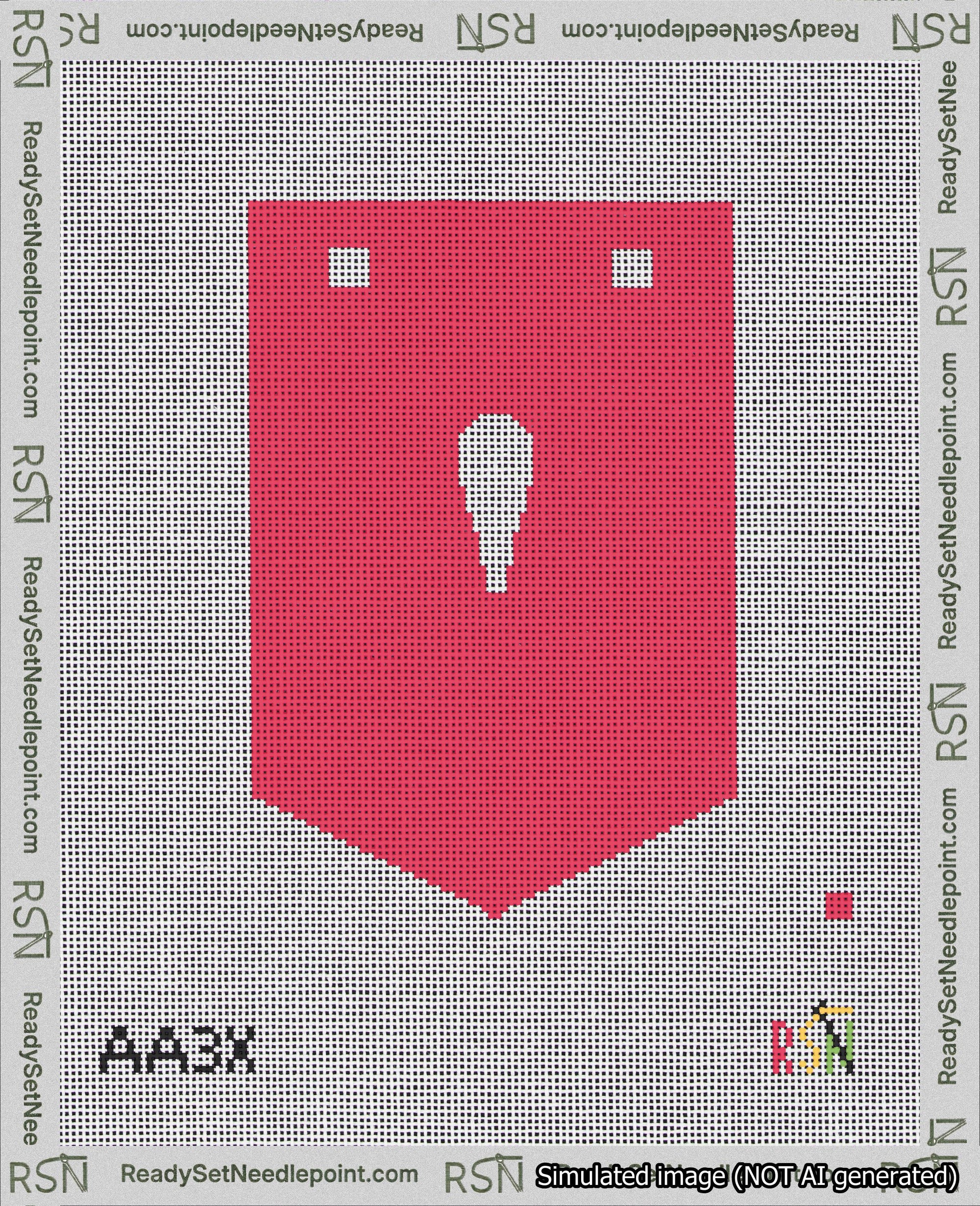 A taped needlepoint canvas with the design: Banner 18 mesh count Pointed Apostrophe White on Red.