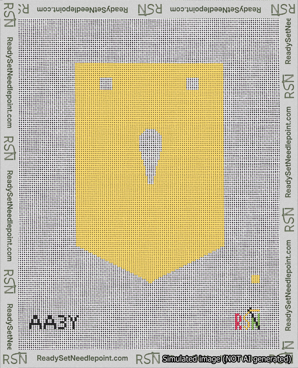 A taped needlepoint canvas with the design: Banner 18 mesh count Pointed Apostrophe White on Yellow.
