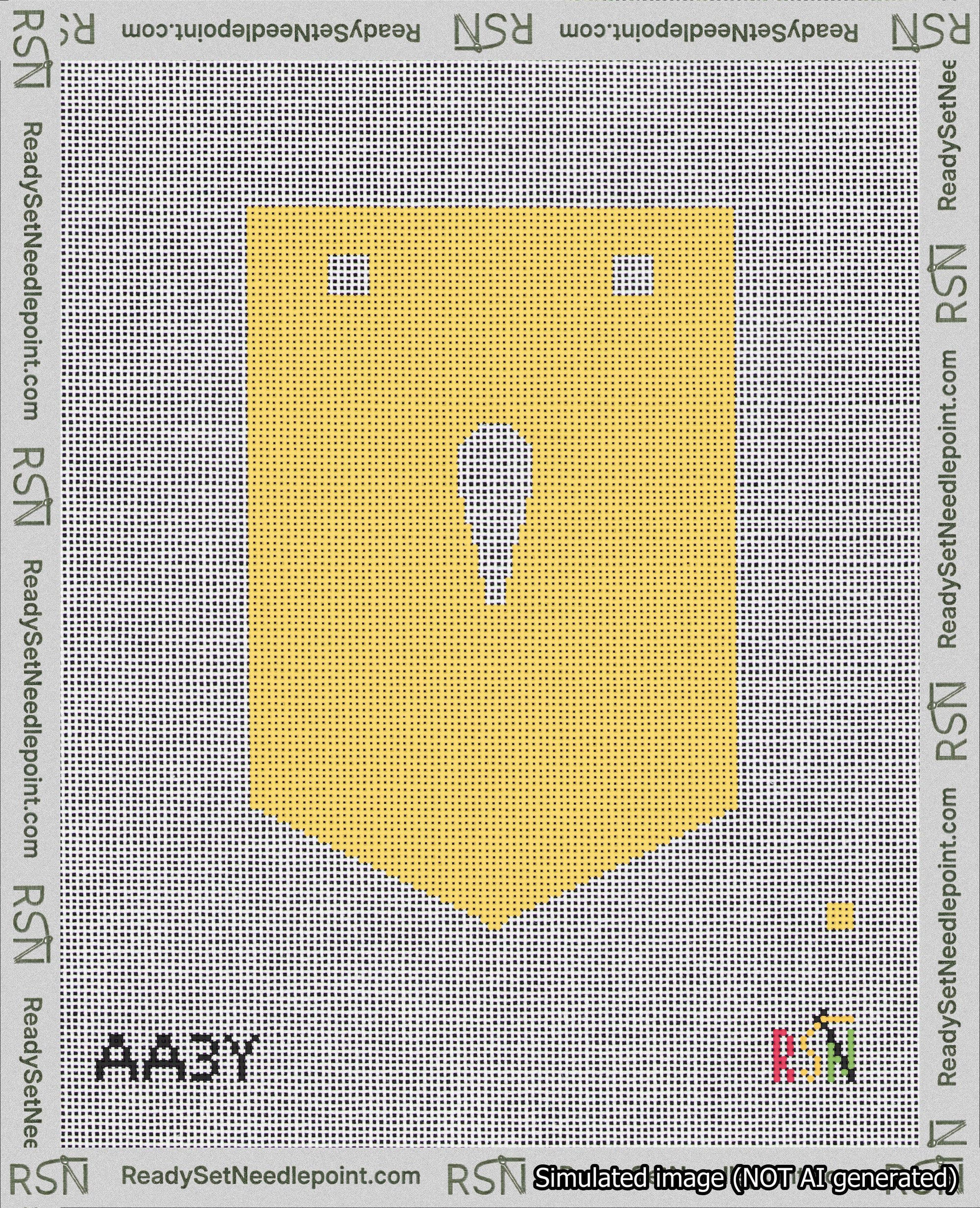 A taped needlepoint canvas with the design: Banner 18 mesh count Pointed Apostrophe White on Yellow.